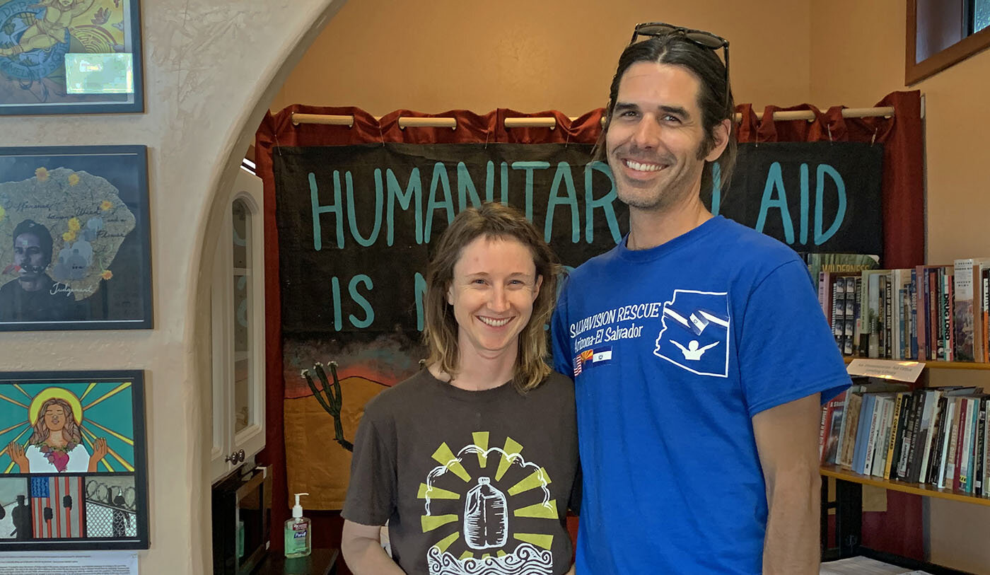 Emily Saunders and Scott Warren at a humanitarian aid office they helped establish in Ajo, Arizona in 2019. Photo Credit: Jude Joffe-Block