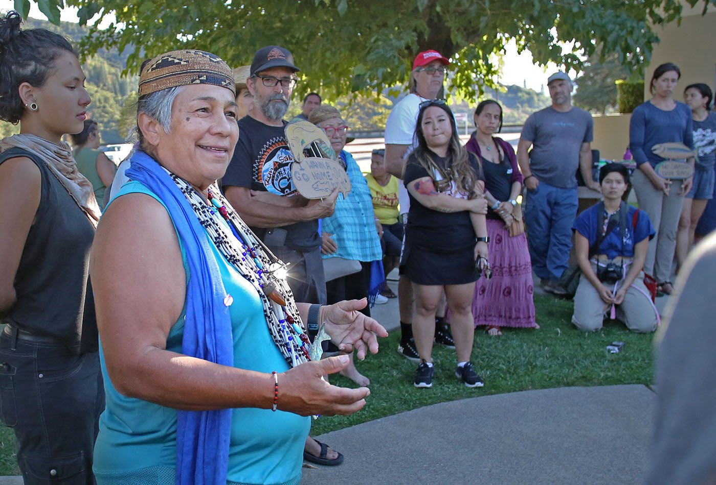 Shasta Lake, CA — Chief Caleen Sisk addresses supporters who are taking part in the Run4Salmon ceremony. September 25, 2019. Tom Levy/The Spiritual Edge