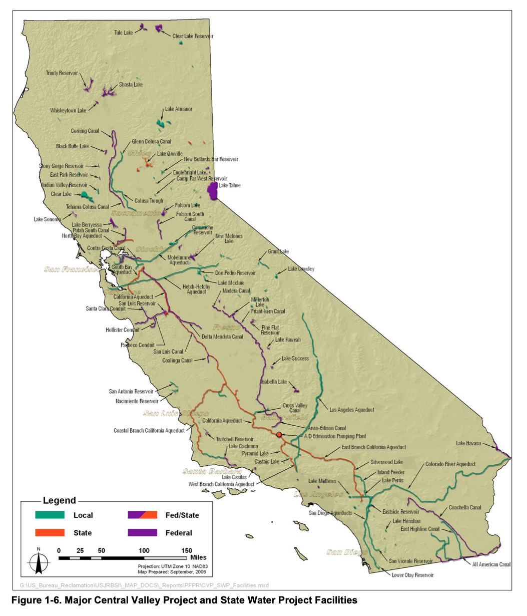 Shasta Dam is a key part of the Central Valley Project, which distributes water as far as 500 miles south of the dam. Federal, state and local agencies all have a hand in engineering the flow of water in California. Map: U.S. Bureau of Reclamation