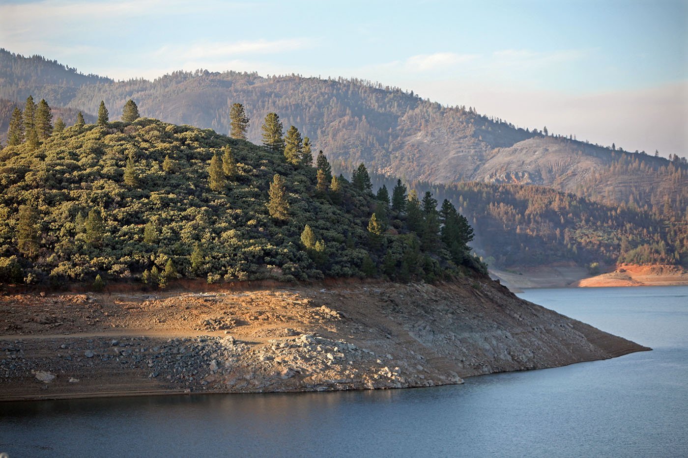 Shasta Reservoir — When the water level dips below full capacity, it forms a “bathtub ring” all the way around Shasta Reservoir. July 12, 2021. Tom Levy/The Spiritual Edge